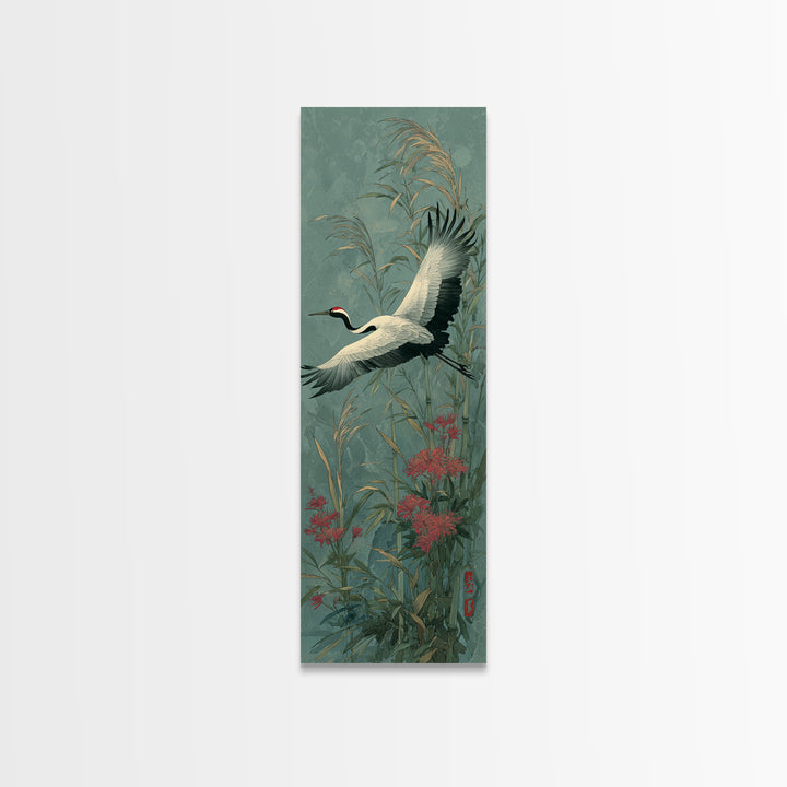 Black Ink Crane Flying Across Empty Sky Canvas Print, Black and White Art, Boho Decor, Living Room Decor, Oil Painting, BAW-1x3-97