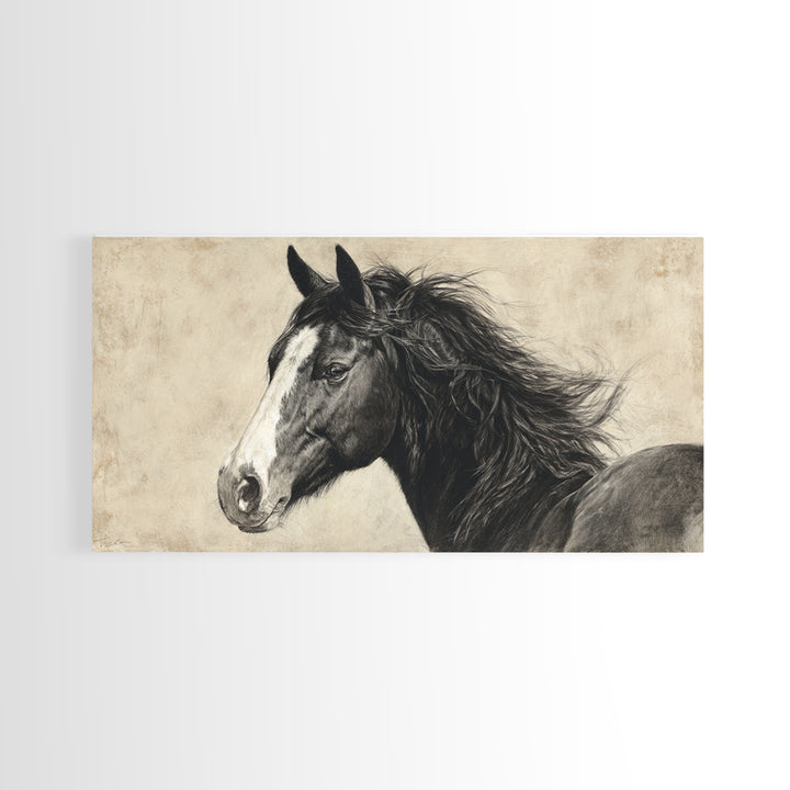 Black and White Wild Horse Portrait Framed Canvas Print, Black and White Art, Art Print, Living Room Decor, Monochrome, BAW-2x1-1