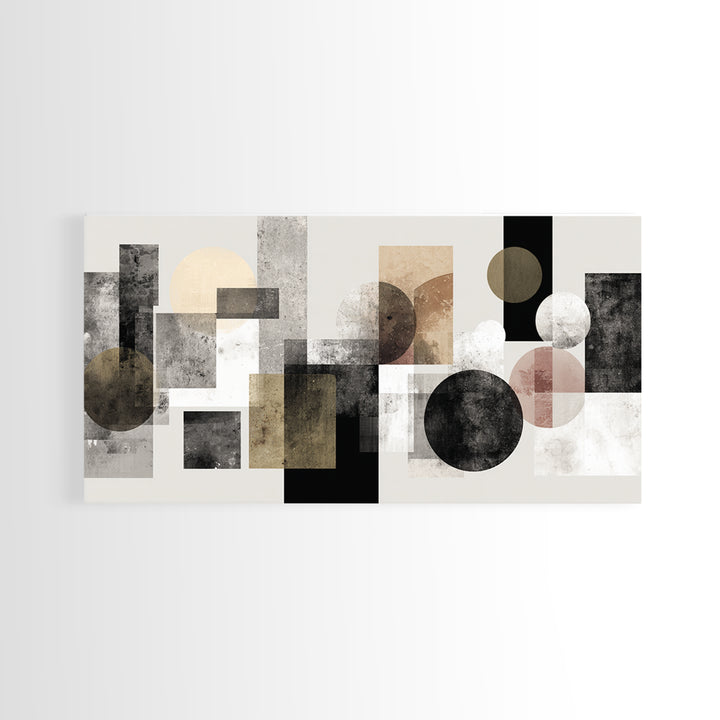 Geometric Bauhaus Grayscale Shapes Framed Canvas Print, Black and White Art, Luxury Decor, Living Room Decor, Abstract Art, BAW-2x1-14