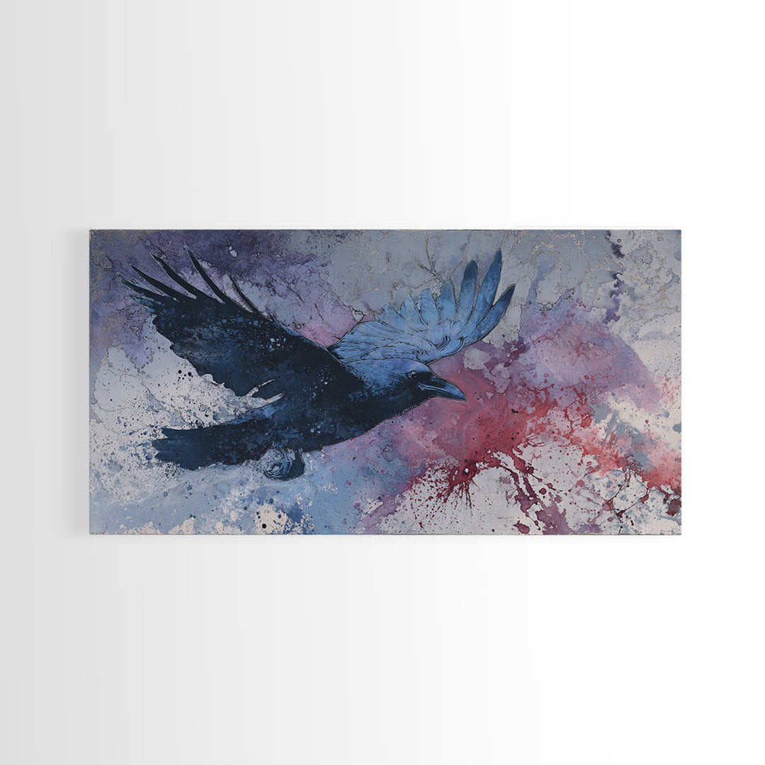 Ink Splatter Raven Composition Framed Canvas Print, Black and White Art, Fine Art Print, Living Room Decor, Monochrome, BAW-2x1-16