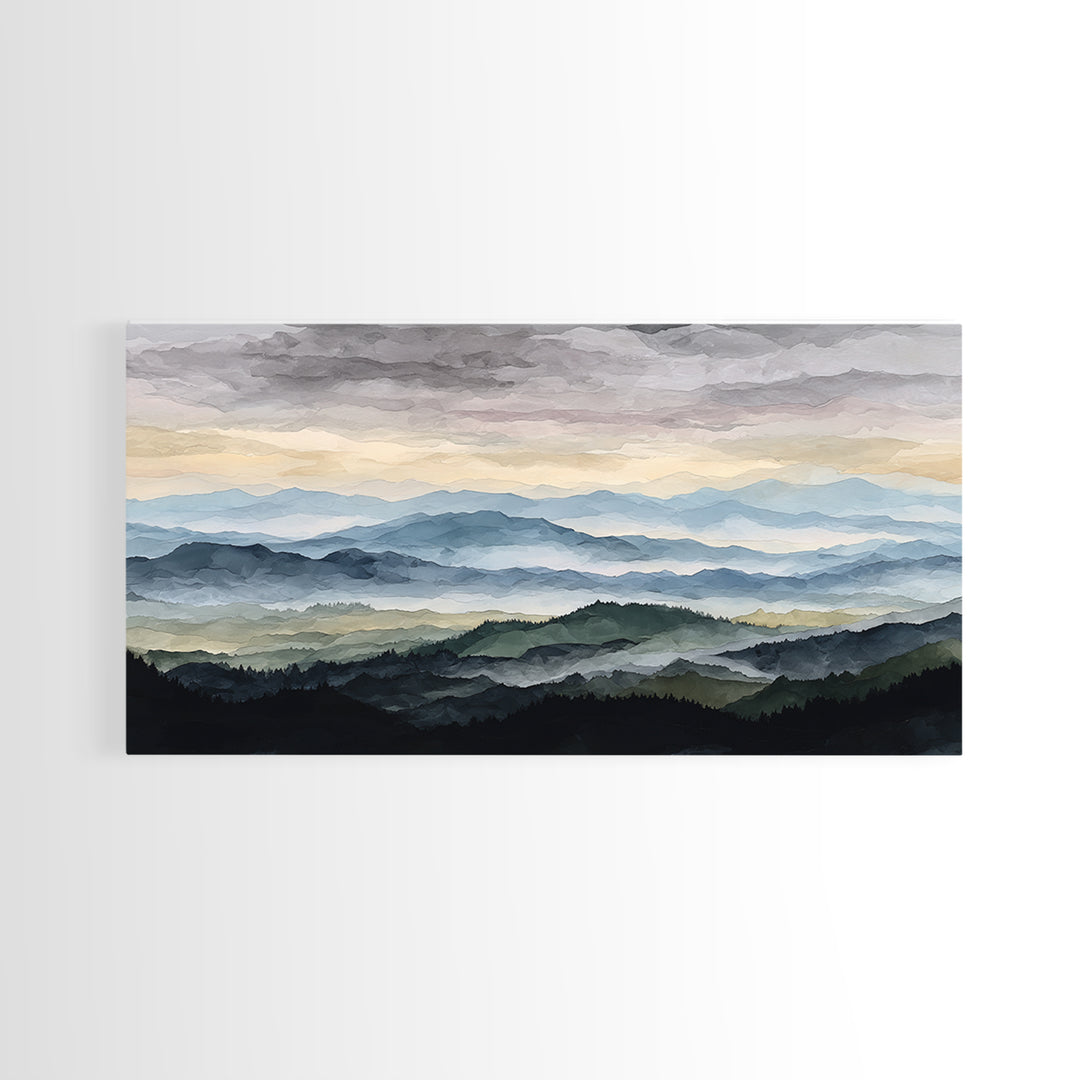 Black Ink Mountain Range Canvas Print, Black and White Art, Textured Painting, Living Room Decor, Watercolor Art, Monochrome, BAW-2x1-22