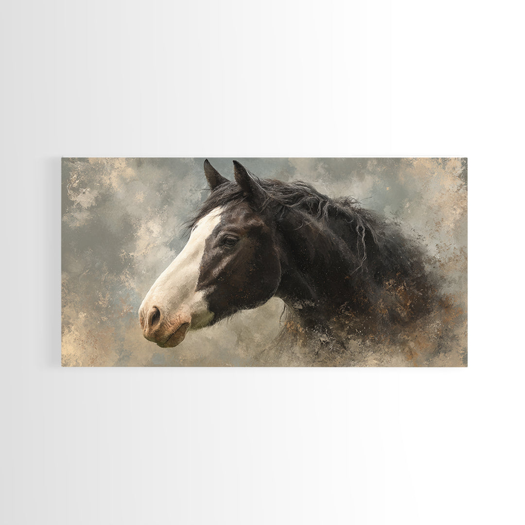 Black and White Wild Horse Portrait Framed Canvas Print, Black and White Art, Art Print, Living Room Decor, Monochrome, BAW-2x1-25