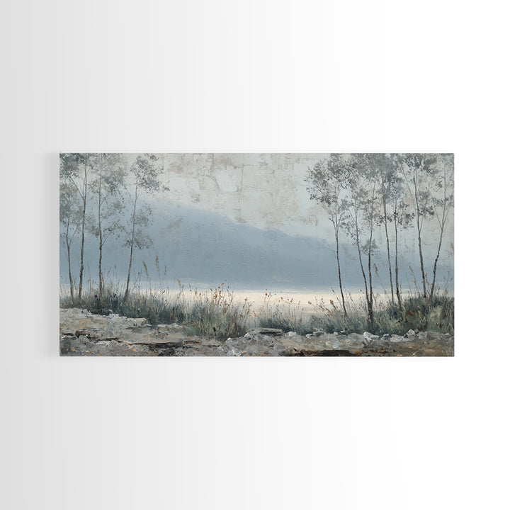 Moody Foggy Forest Framed Canvas Print, Black and White Art, Boho Decor, Living Room Decor, Monochrome, Halloween Decor, BAW-2x1-27