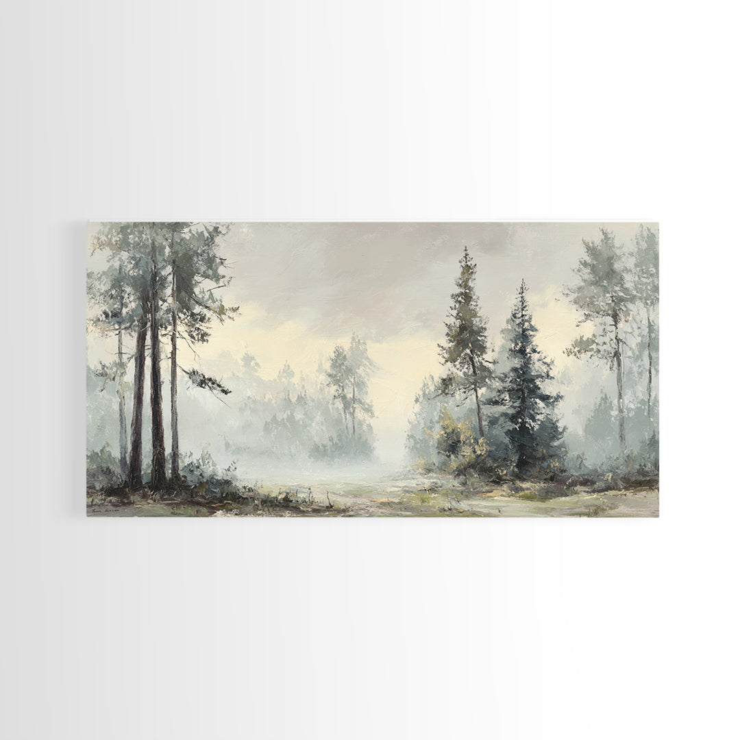 Moody Foggy Forest Framed Canvas Print, Black and White Art, Gothic Decor, Living Room Decor, Oil Painting, Monochrome, BAW-2x1-3