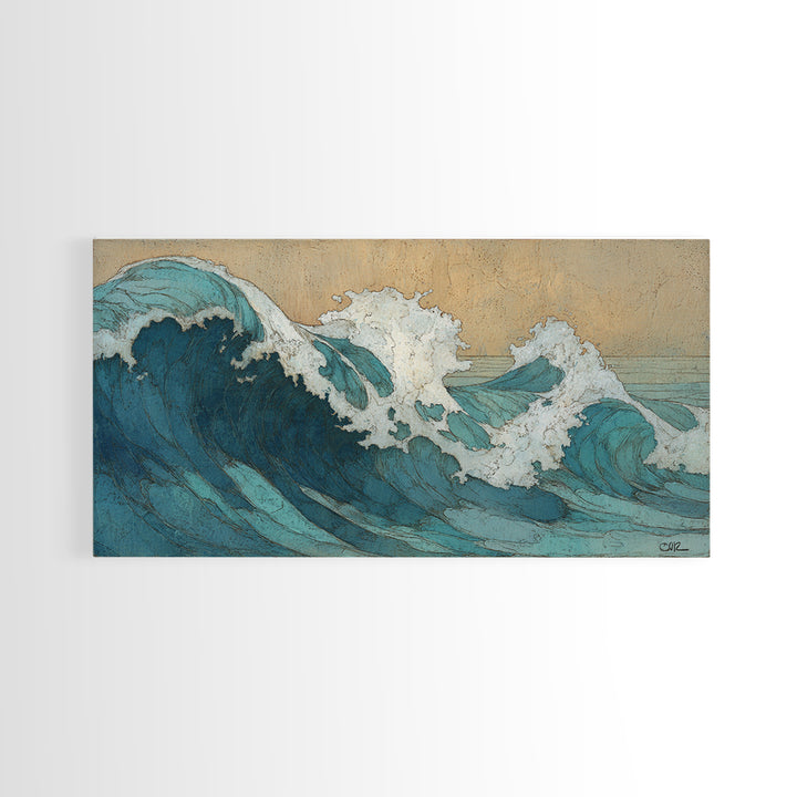 Stormy Ocean Wave Framed Canvas Print, Black and White Art, Minimalist Decor, Living Room Decor, Oil Painting, Monochrome, BAW-2x1-30
