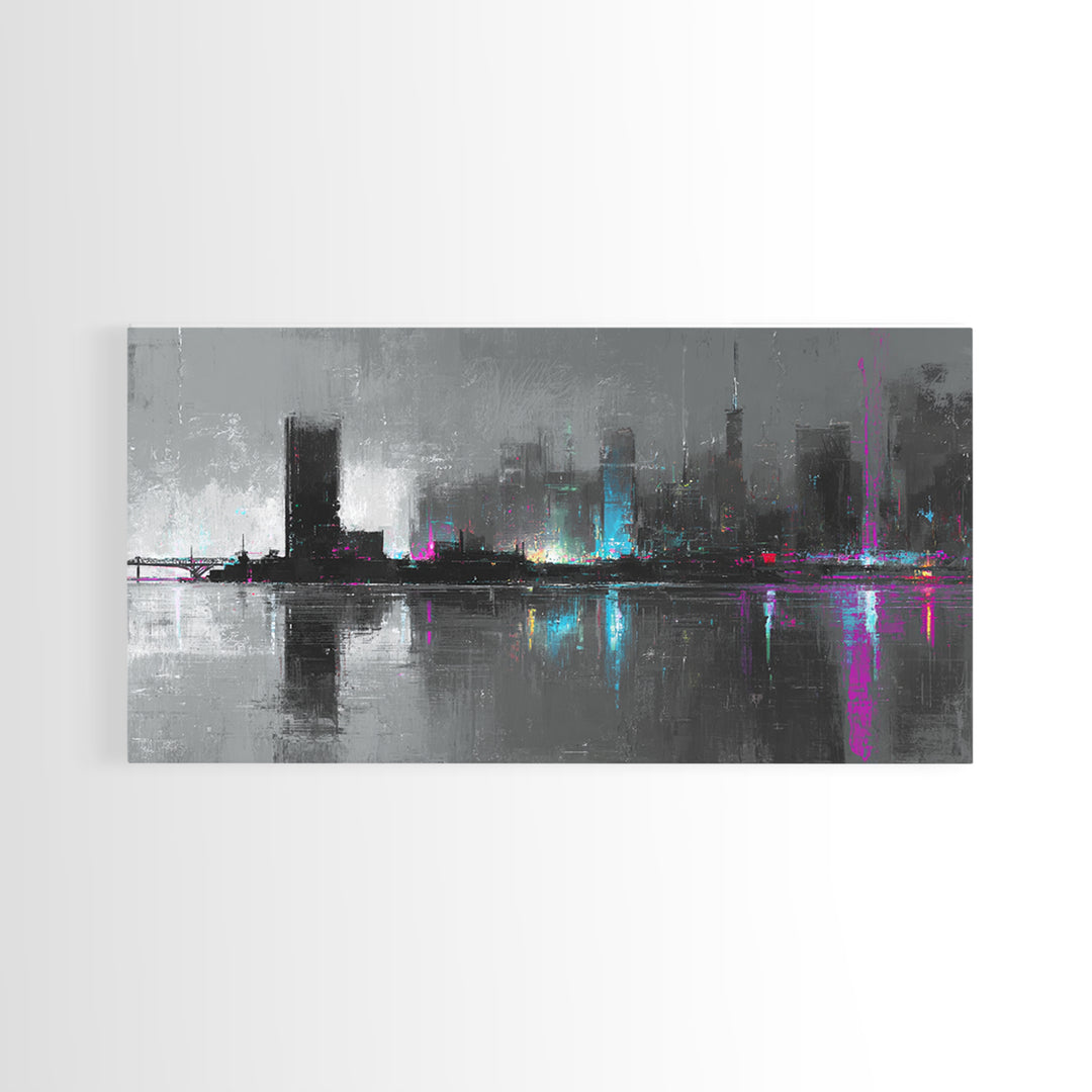 Monochrome City Skyline Reflected Canvas Print, Black and White Art, Living Room Decor, Abstract Art, Monochrome, BAW-2x1-31