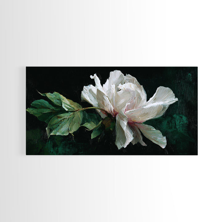 White Flower on Deep Black Background Canvas Print, Black and White Art, Wall Art, Living Room Decor, Watercolor Art, BAW-2x1-32
