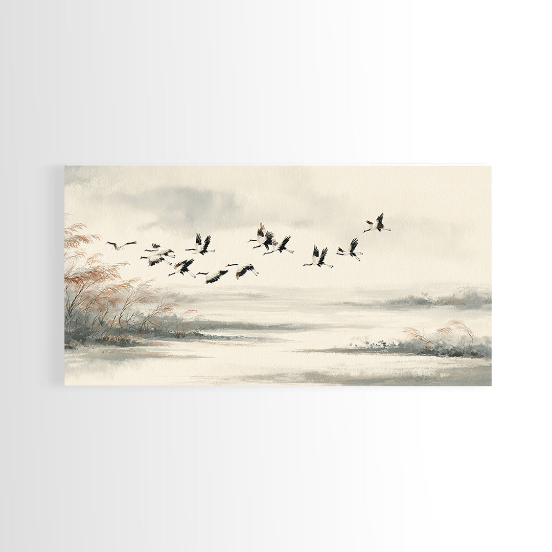 Black Ink Crane Flying Across Empty Sky Canvas Print, Black and White Art, Digital Prints, Living Room Decor, Monochrome, BAW-2x1-33