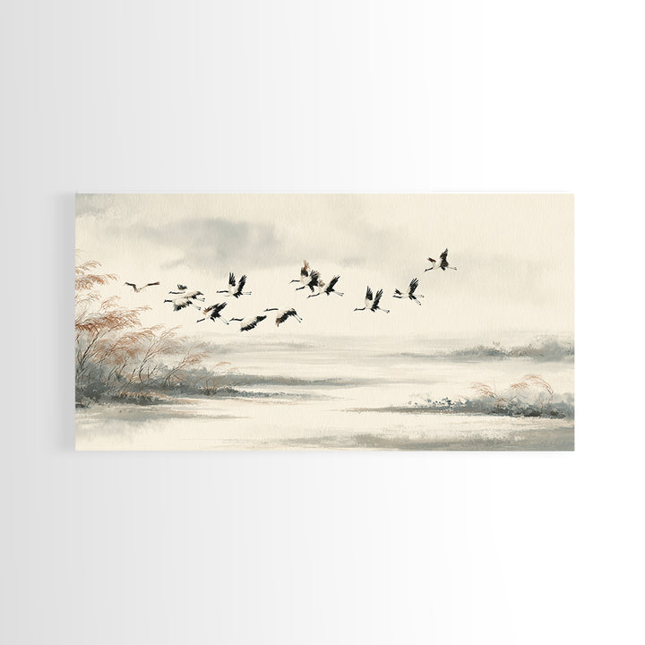 Black Ink Crane Flying Across Empty Sky Canvas Print, Black and White Art, Digital Prints, Living Room Decor, Monochrome, BAW-2x1-33