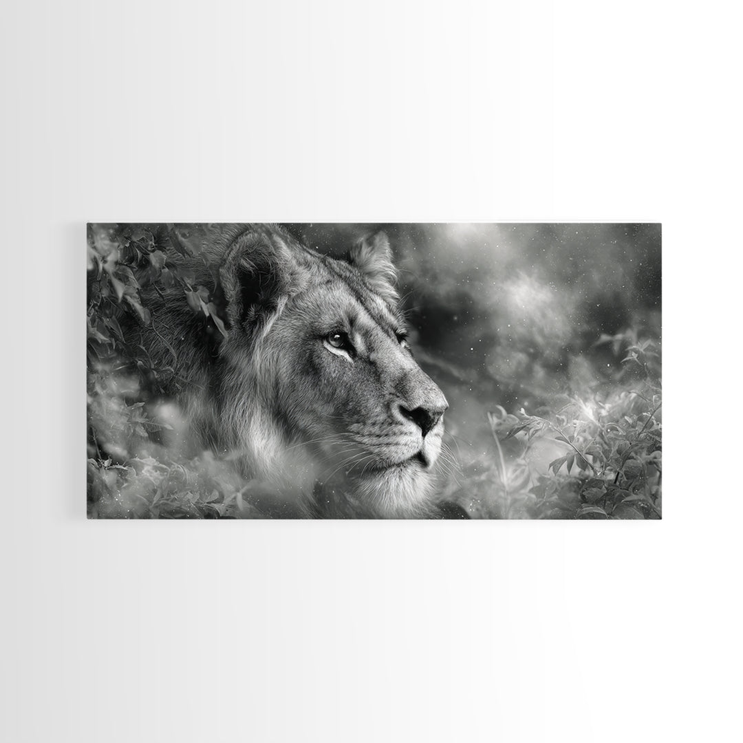 Dramatic Black and White Lion Portrait Canvas Print, Black and White Art, Halloween Decor, Living Room Decor, Monochrome, BAW-2x1-37