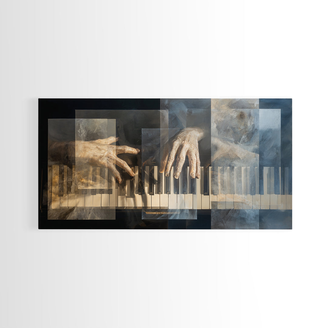 Piano Keys and Hands Framed Canvas Print, Black and White Art, Room Decor, Living Room Decor, Fine Art, Monochrome, Art Print, BAW-2x1-42