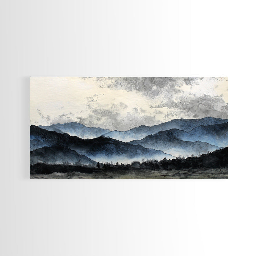 Black Ink Mountain Range Framed Canvas Print, Black and White Art, Art, Living Room Decor, Fine Art, Monochrome, Original Art, BAW-2x1-46