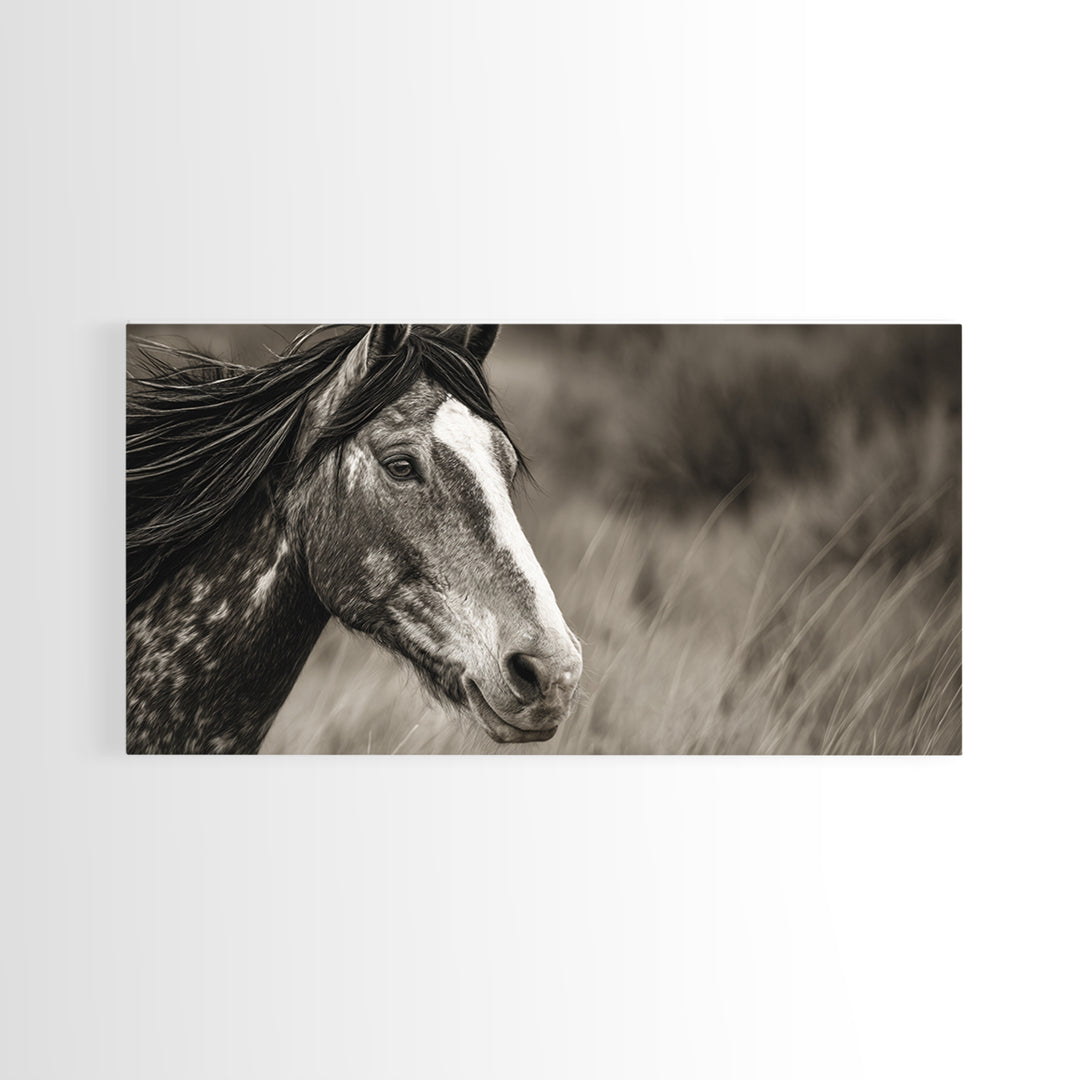Black and White Wild Horse Portrait Canvas Print, Black and White Art, Large Wall Art, Living Room Decor, Fine Art, Monochrome, BAW-2x1-49