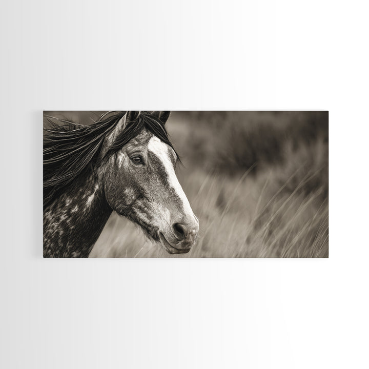 Black and White Wild Horse Portrait Canvas Print, Black and White Art, Large Wall Art, Living Room Decor, Fine Art, Monochrome, BAW-2x1-49