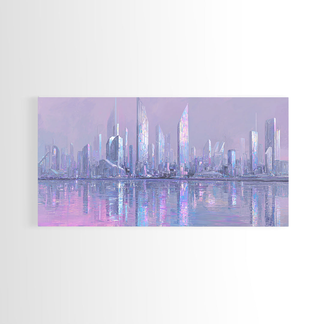 Monochrome City Skyline Reflected Framed Canvas Print, Black and White Art, Wood Wall Art, Living Room Decor, Monochrome, BAW-2x1-55