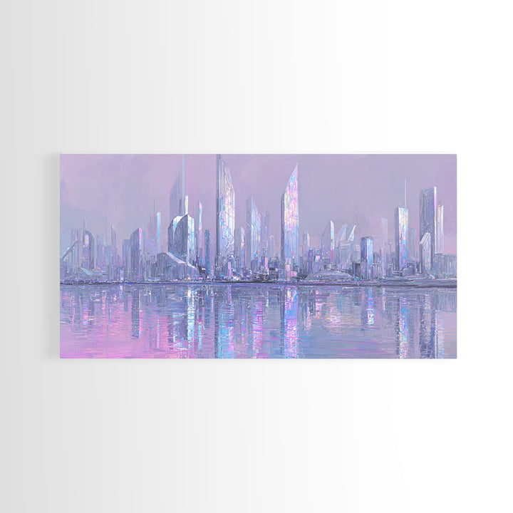 Monochrome City Skyline Reflected Framed Canvas Print, Black and White Art, Wood Wall Art, Living Room Decor, Monochrome, BAW-2x1-55
