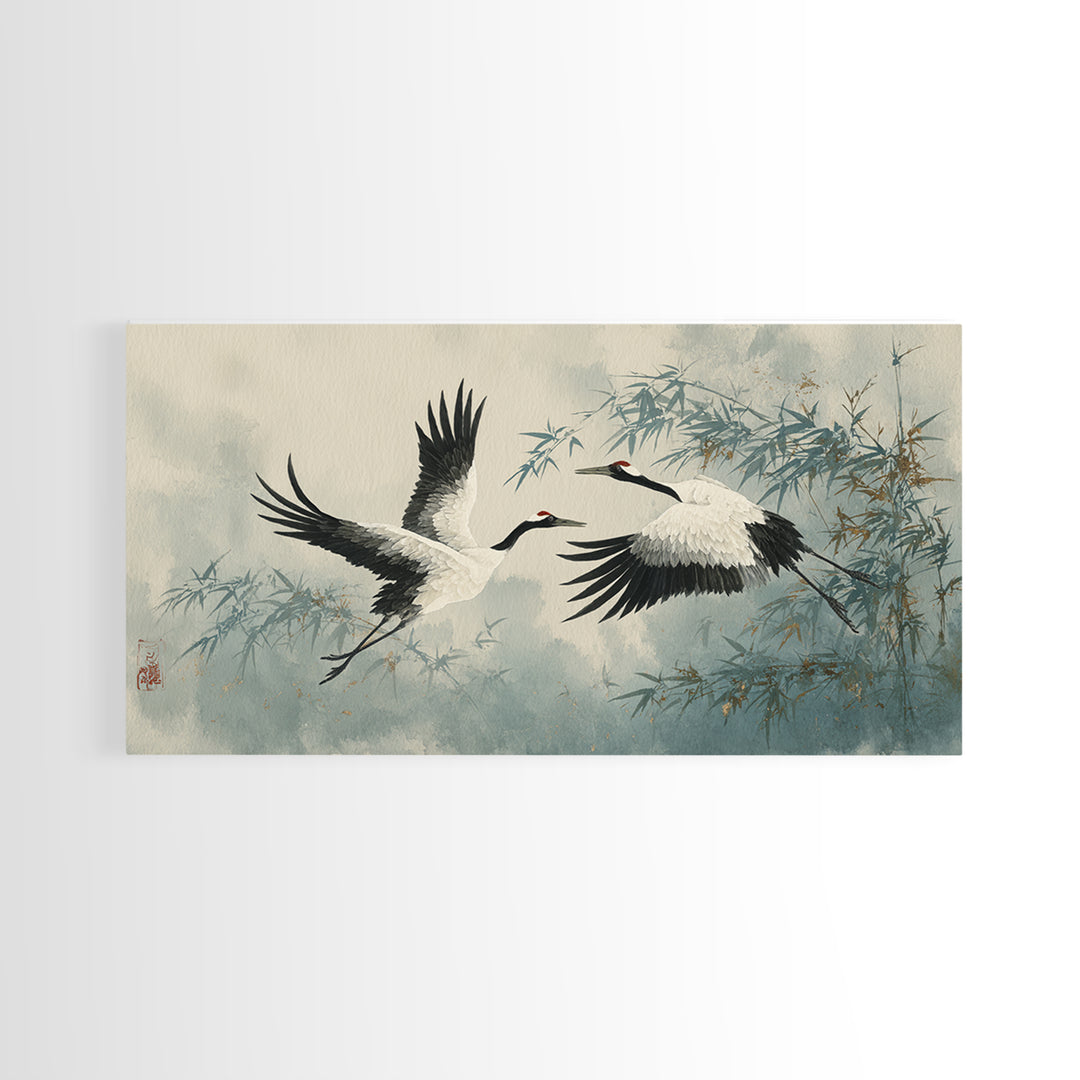 Black Ink Crane Flying Across Empty Sky Canvas Print, Black and White Art, Printable, Living Room Decor, Fine Art, Monochrome, BAW-2x1-57