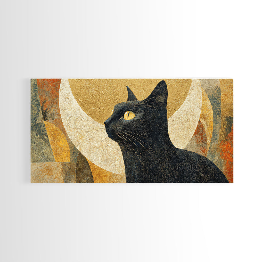 Black Cat Silhouette Framed Canvas Print, Black and White Art, Art Prints, Living Room Decor, Oil Painting, Monochrome, BAW-2x1-60