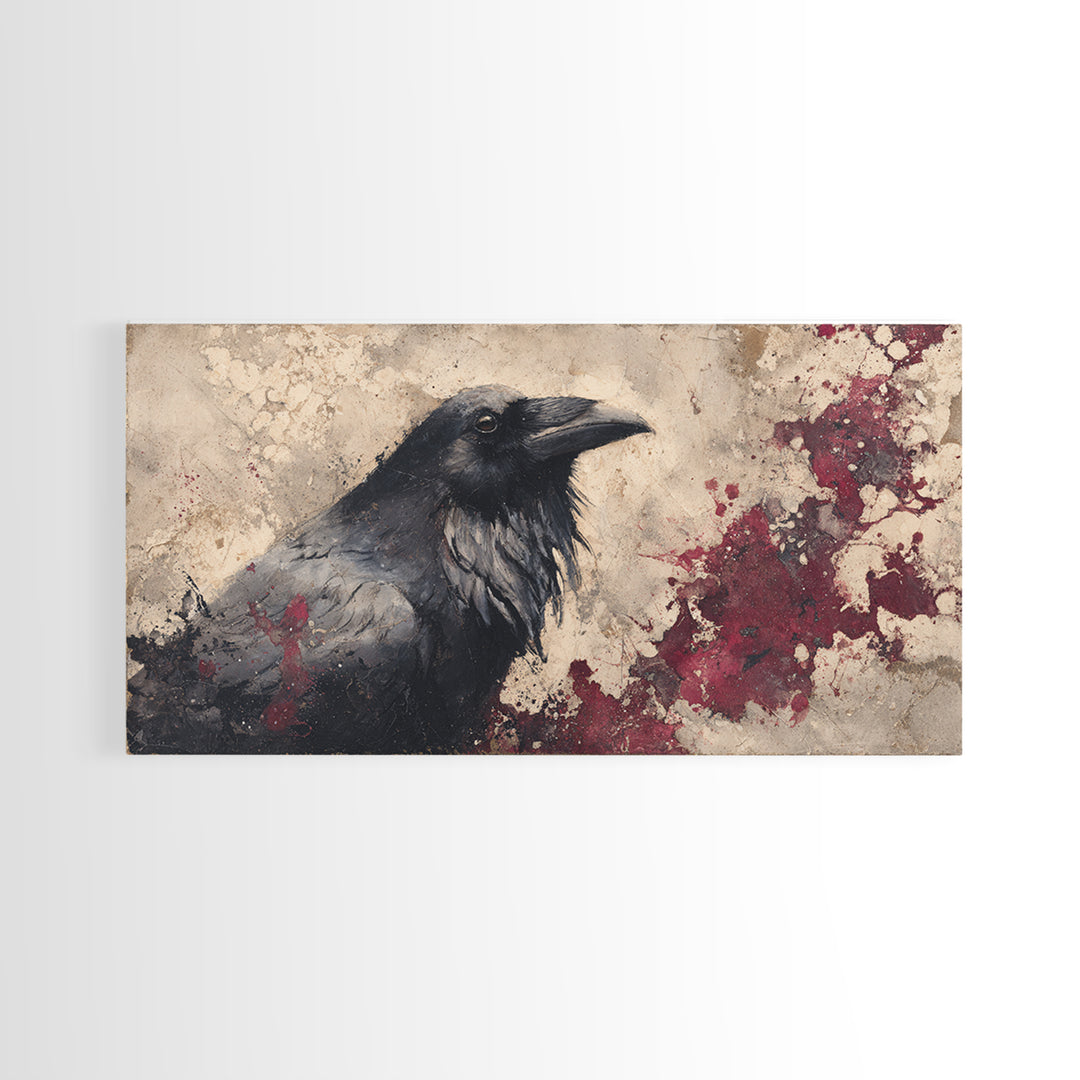 Ink Splatter Raven Composition Canvas Print, Black and White Art, Art Print, Living Room Decor, Fine Art, Monochrome, BAW-2x1-64