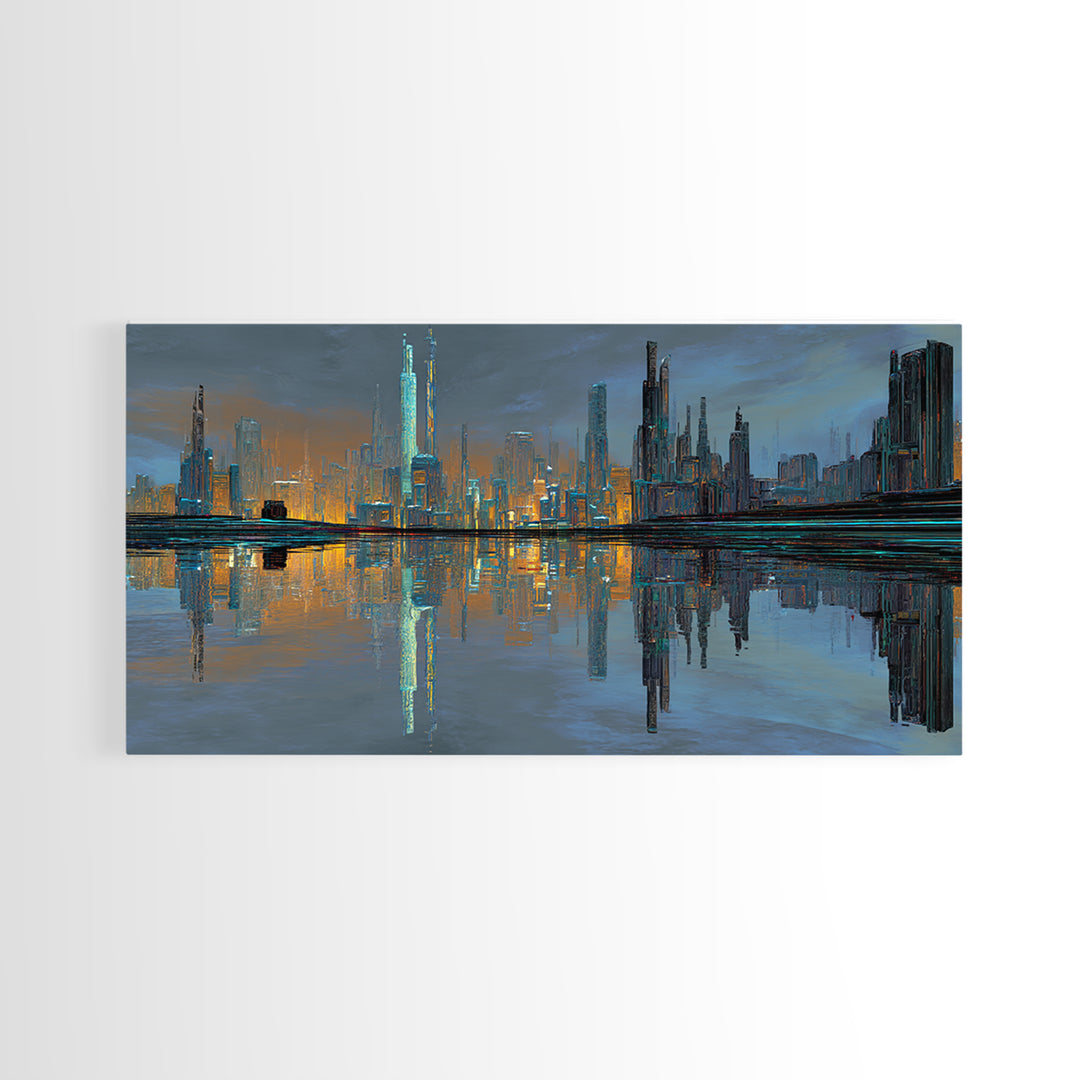 Monochrome City Skyline Reflected Framed Canvas Print, Black and White Art, Halloween Decor, Living Room Decor, Abstract Art, BAW-2x1-7