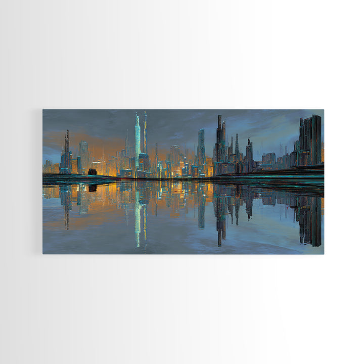 Monochrome City Skyline Reflected Framed Canvas Print, Black and White Art, Halloween Decor, Living Room Decor, Abstract Art, BAW-2x1-7