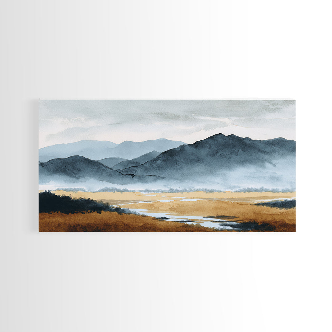 Black Ink Mountain Range Canvas Print, Black and White Art, Living Room Decor, Oil Painting, Monochrome, Abstract Wall Art, BAW-2x1-70