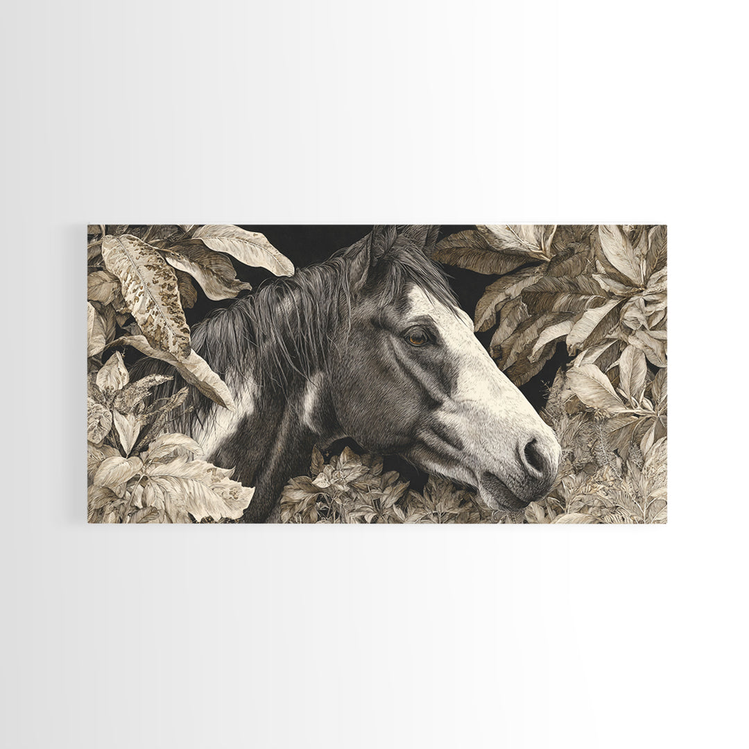Black and White Wild Horse Portrait Canvas Print, Black and White Art, Large Wall Art, Living Room Decor, Fine Art, Monochrome, BAW-2x1-73