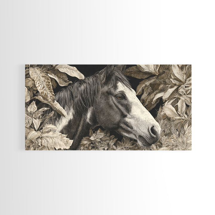 Black and White Wild Horse Portrait Canvas Print, Black and White Art, Large Wall Art, Living Room Decor, Fine Art, Monochrome, BAW-2x1-73
