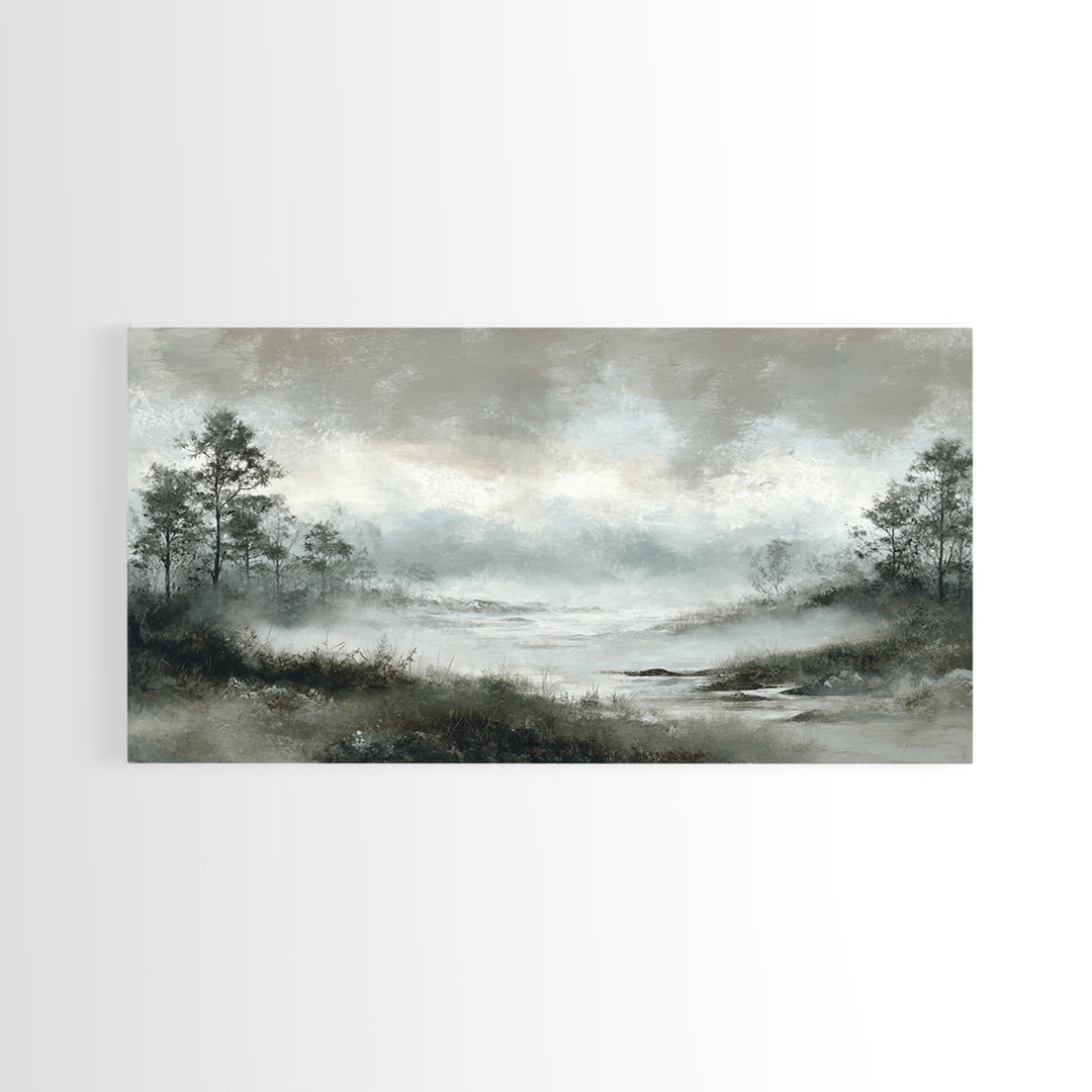 Moody Foggy Forest Framed Canvas Print, Black and White Art, Room Decor, Living Room Decor, Fine Art, Monochrome, Art Print, BAW-2x1-75