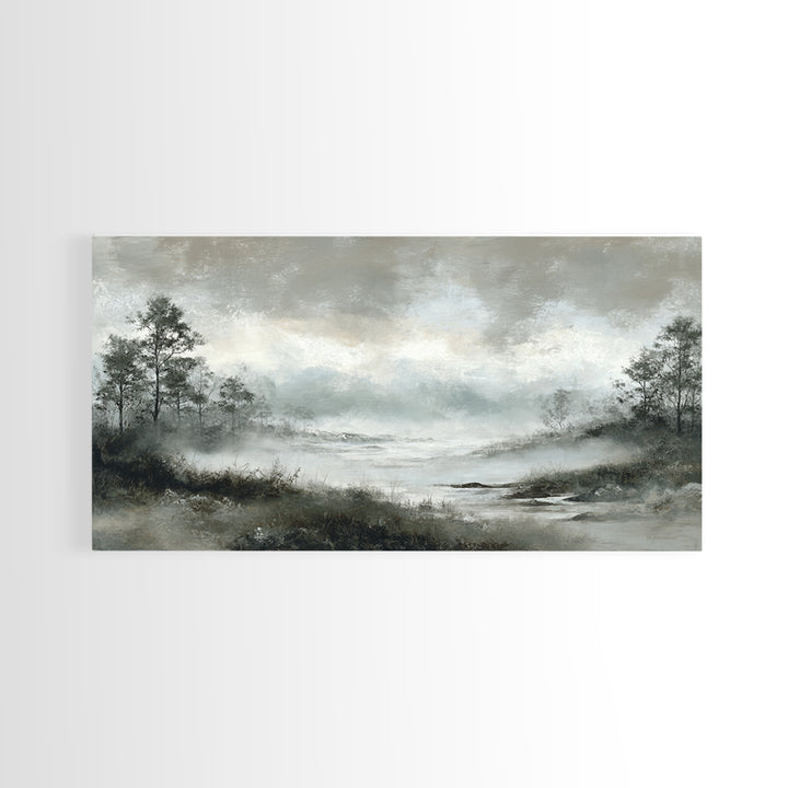 Moody Foggy Forest Framed Canvas Print, Black and White Art, Room Decor, Living Room Decor, Fine Art, Monochrome, Art Print, BAW-2x1-75