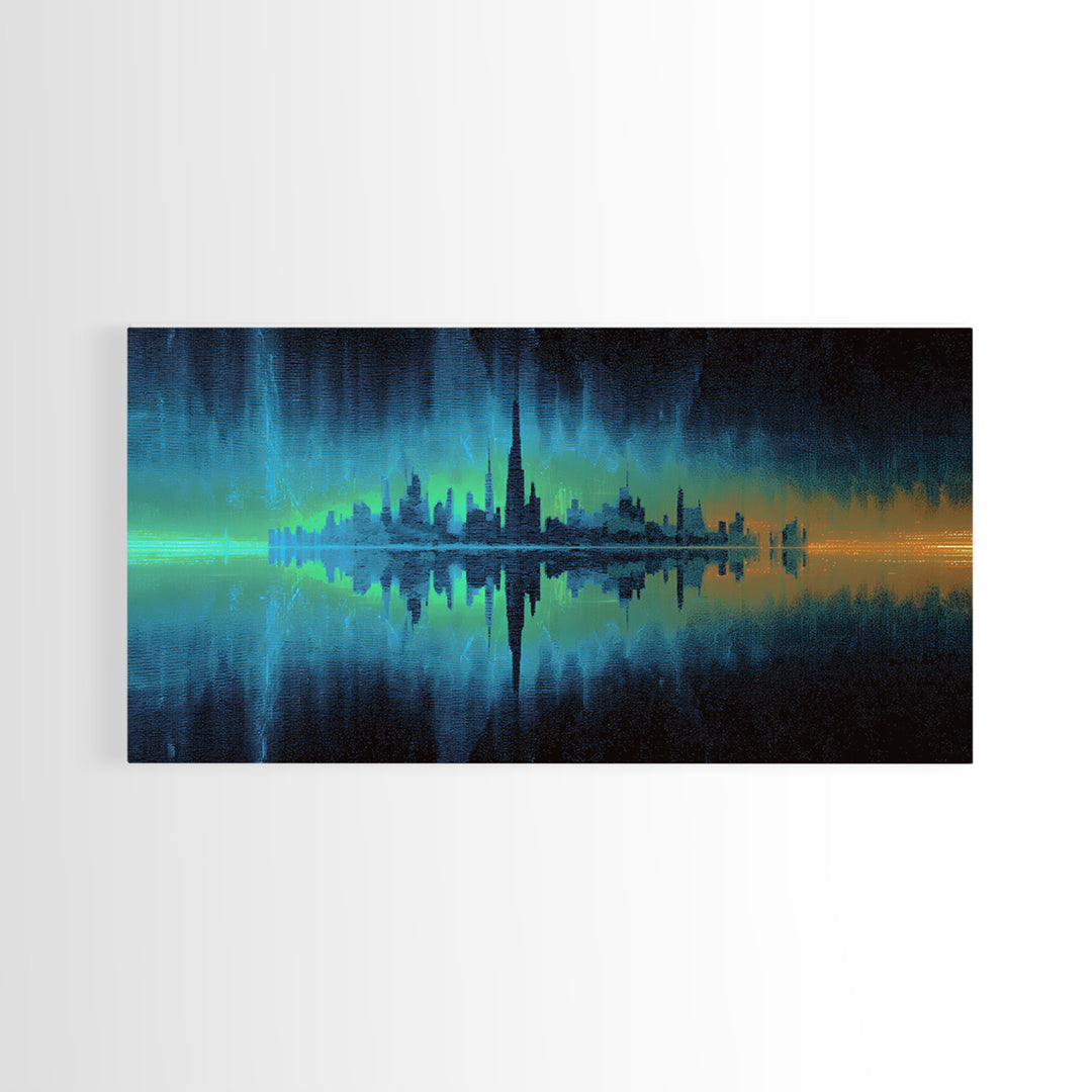 Monochrome City Skyline Reflected Framed Canvas Print, Black and White Art, Cabin Decor, Living Room Decor, Abstract Art, BAW-2x1-79