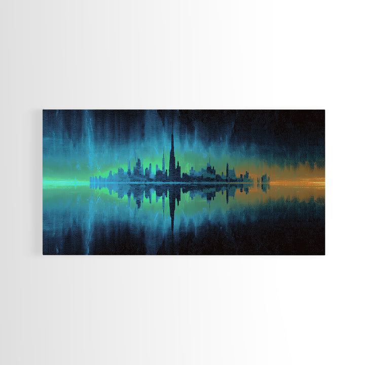 Monochrome City Skyline Reflected Framed Canvas Print, Black and White Art, Cabin Decor, Living Room Decor, Abstract Art, BAW-2x1-79