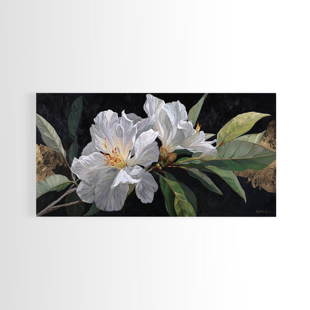 White Flower on Deep Black Background Canvas Print, Black and White Art, Luxury Decor, Living Room Decor, Monochrome, BAW-2x1-8
