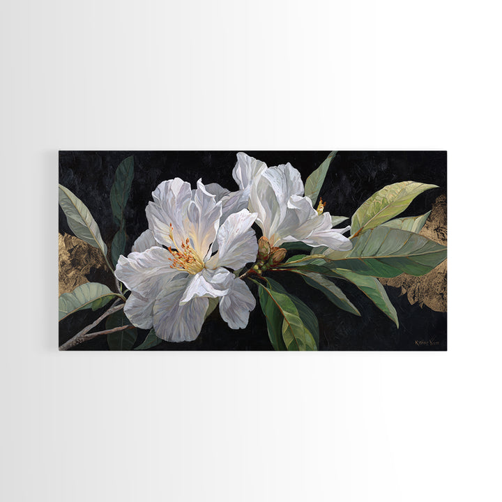 White Flower on Deep Black Background Canvas Print, Black and White Art, Luxury Decor, Living Room Decor, Monochrome, BAW-2x1-8