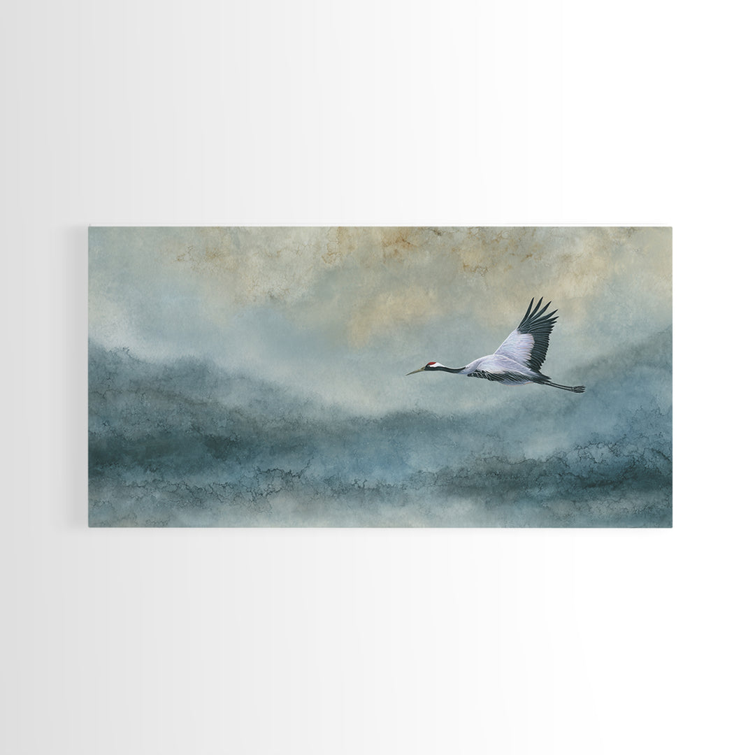 Black Ink Crane Flying Across Empty Sky Canvas Print, Black and White Art, Abstract Art, Living Room Decor, Monochrome, BAW-2x1-81