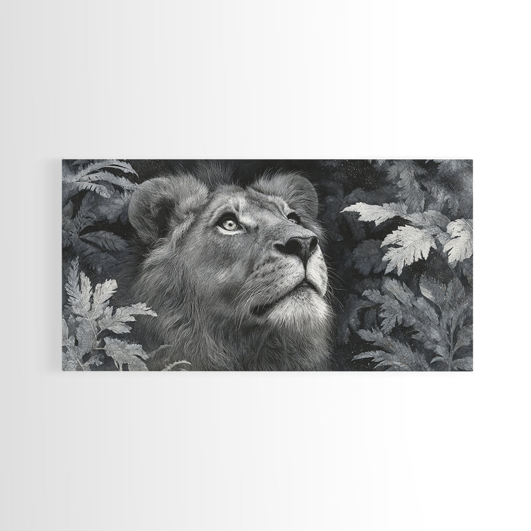 Dramatic Black and White Lion Portrait Framed Canvas Print, Black and White Art, Wood Wall Art, Living Room Decor, Monochrome, BAW-2x1-85
