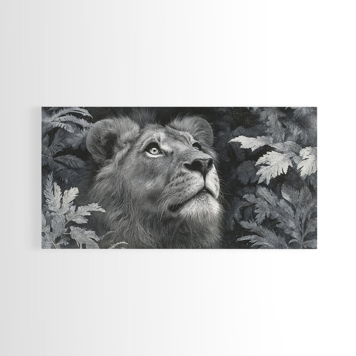 Dramatic Black and White Lion Portrait Framed Canvas Print, Black and White Art, Wood Wall Art, Living Room Decor, Monochrome, BAW-2x1-85