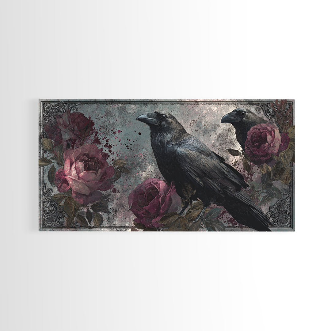 Ink Splatter Raven Composition Framed Canvas Print, Black and White Art, Large Wall Art, Living Room Decor, Monochrome, BAW-2x1-88