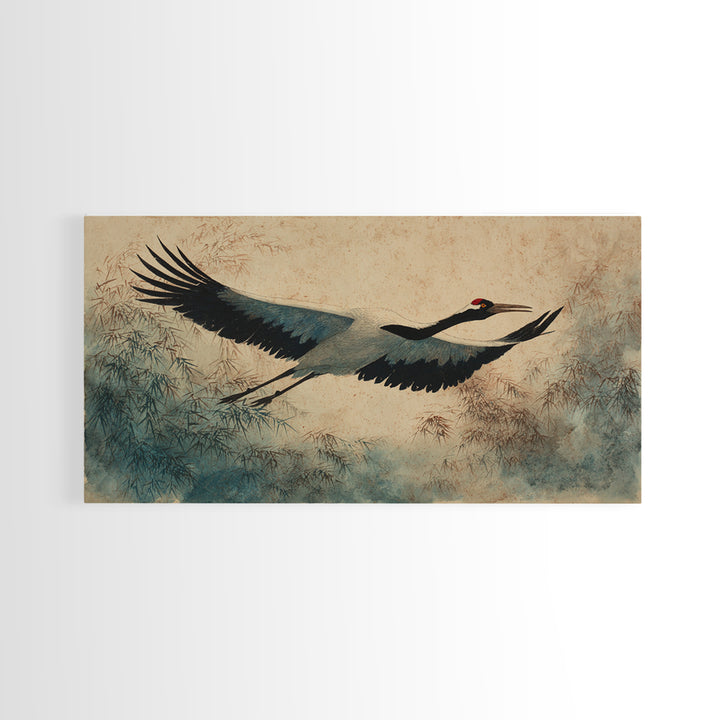 Black Ink Crane Flying Across Empty Sky Canvas Print, Black and White Art, Digital Prints, Living Room Decor, Monochrome, BAW-2x1-9