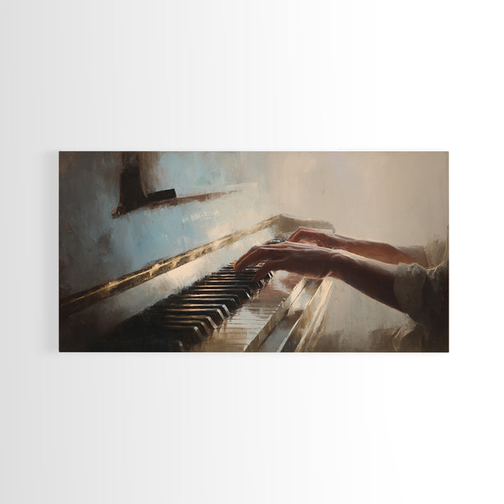 Piano Keys and Hands Framed Canvas Print, Black and White Art, Art Prints, Living Room Decor, Oil Painting, Monochrome, BAW-2x1-90