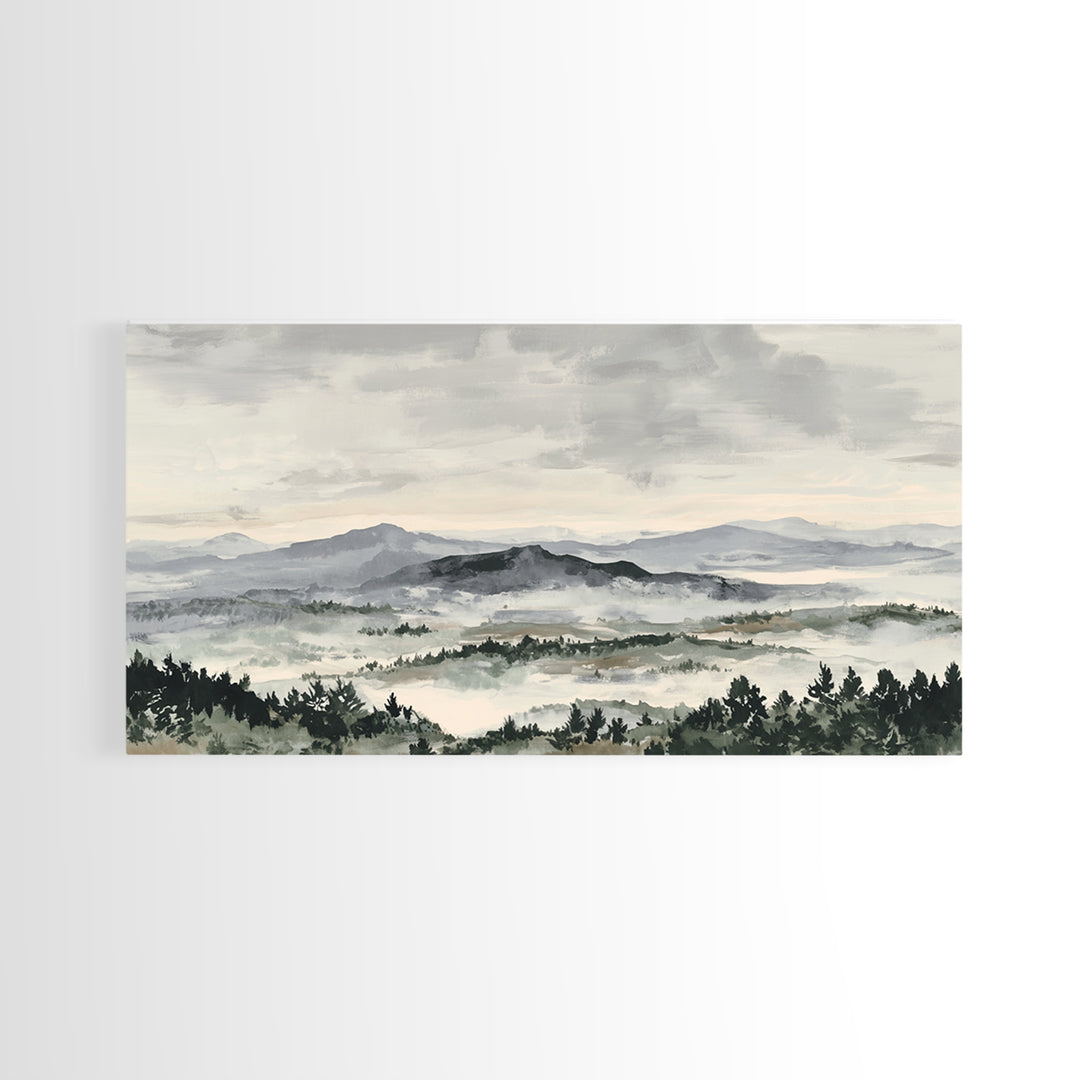 Black Ink Mountain Range Canvas Print, Black and White Art, Living Room Decor, Oil Painting, Monochrome, Abstract Wall Art, BAW-2x1-94