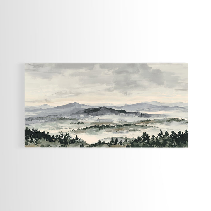 Black Ink Mountain Range Canvas Print, Black and White Art, Living Room Decor, Oil Painting, Monochrome, Abstract Wall Art, BAW-2x1-94
