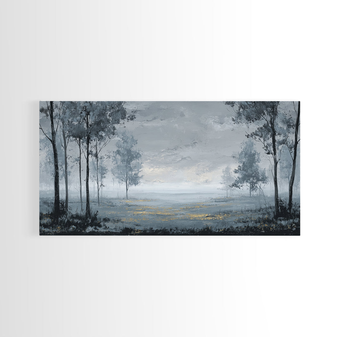 Moody Foggy Forest Framed Canvas Print, Black and White Art, Printable Art, Living Room Decor, Monochrome, Gallery Decor, BAW-2x1-99