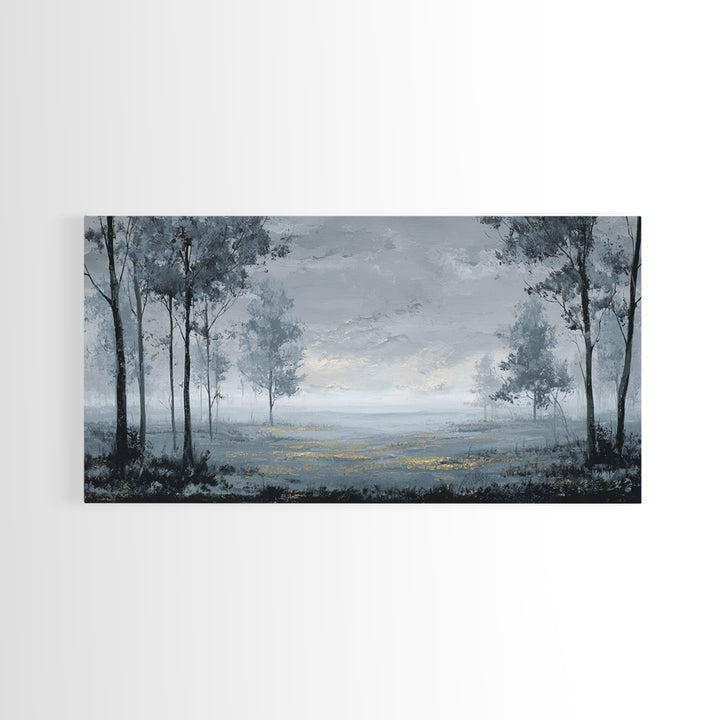 Moody Foggy Forest Framed Canvas Print, Black and White Art, Printable Art, Living Room Decor, Monochrome, Gallery Decor, BAW-2x1-99