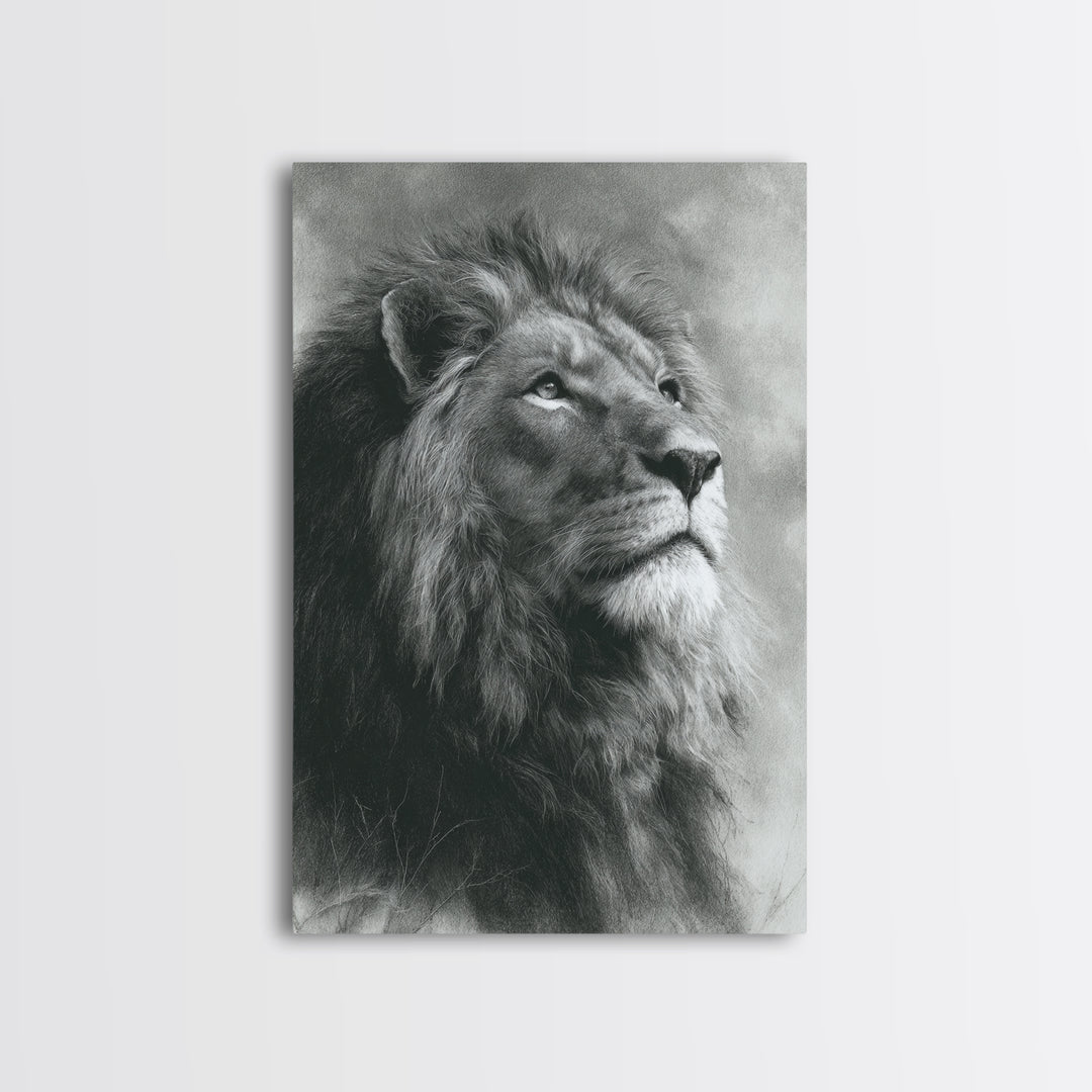 Dramatic Black and White Lion Portrait Framed Canvas Print, Black and White Art, Art Print, Living Room Decor, Monochrome, BAW-2x3-1