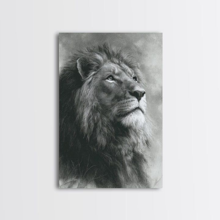 Dramatic Black and White Lion Portrait Framed Canvas Print, Black and White Art, Art Print, Living Room Decor, Monochrome, BAW-2x3-1