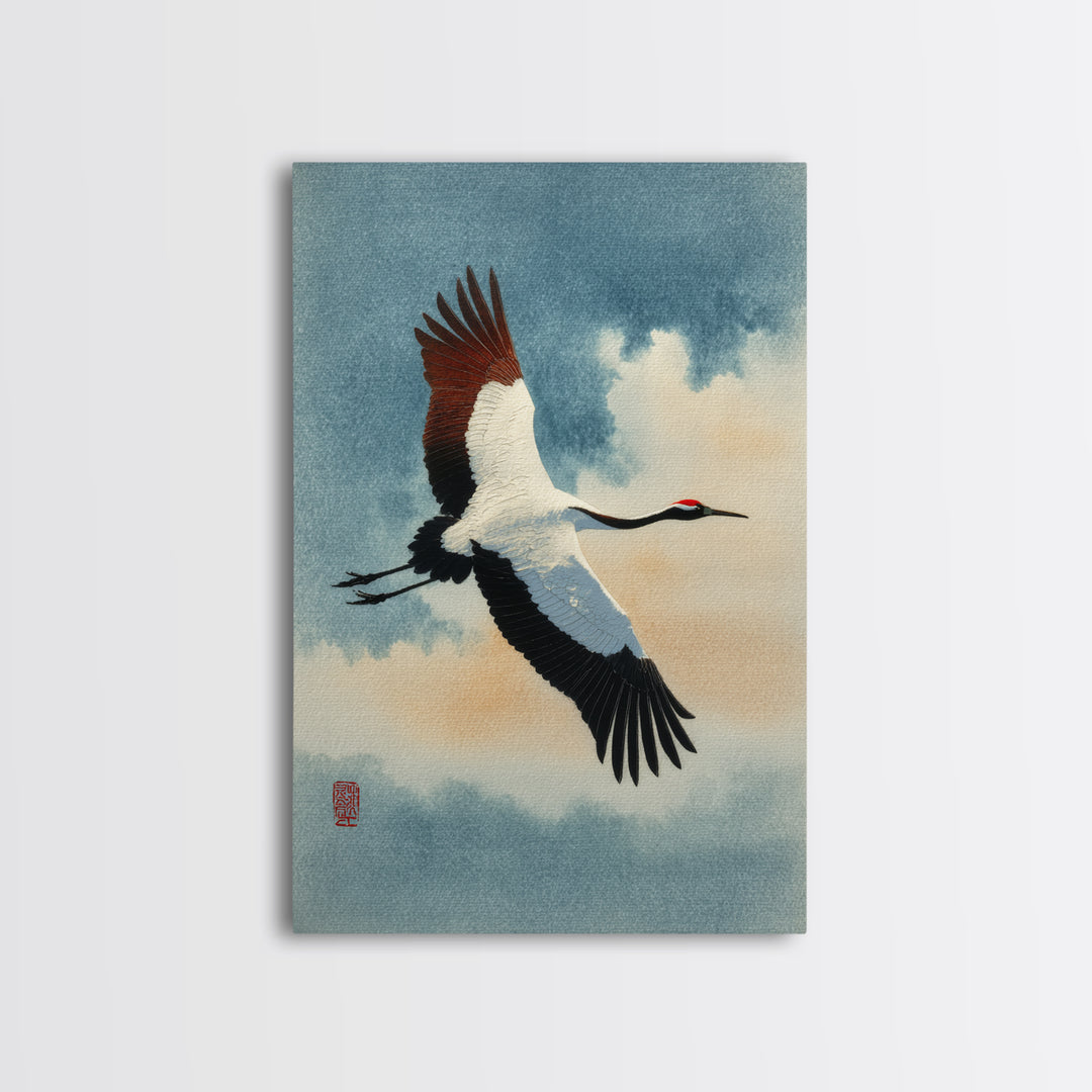 Black Ink Crane Flying Across Empty Sky Canvas Print, Black and White Art, Art Prints, Living Room Decor, Monochrome, BAW-2x3-21