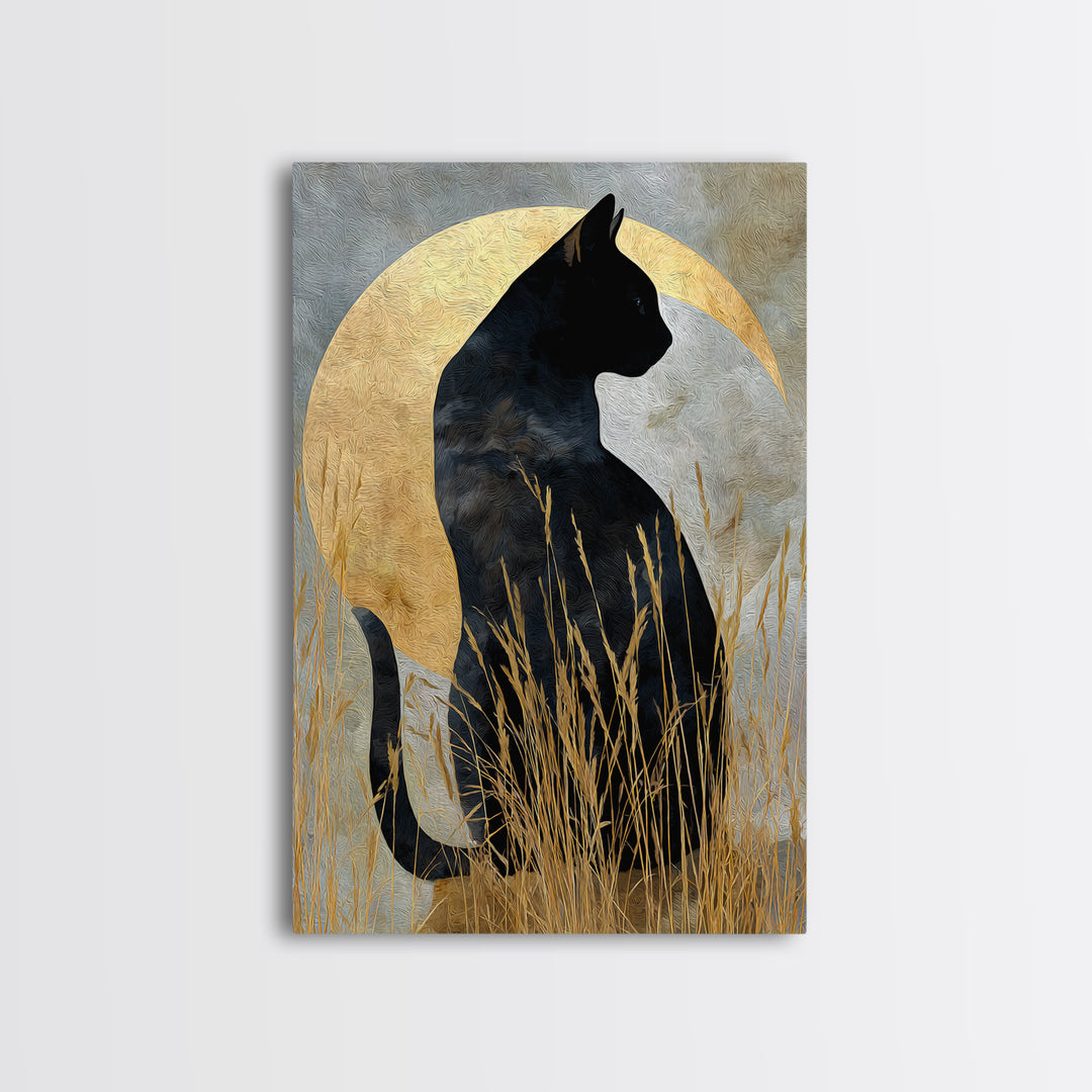 Black Cat Silhouette Framed Canvas Print, Black and White Art, Modern Decor, Living Room Decor, Fine Art, Monochrome, BAW-2x3-24