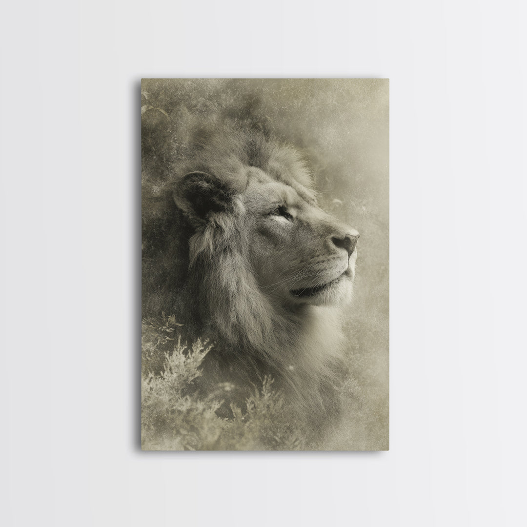 Dramatic Black and White Lion Portrait Framed Canvas Print, Black and White Art, Art Print, Living Room Decor, Monochrome, BAW-2x3-25