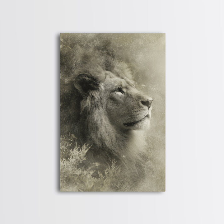 Dramatic Black and White Lion Portrait Framed Canvas Print, Black and White Art, Art Print, Living Room Decor, Monochrome, BAW-2x3-25